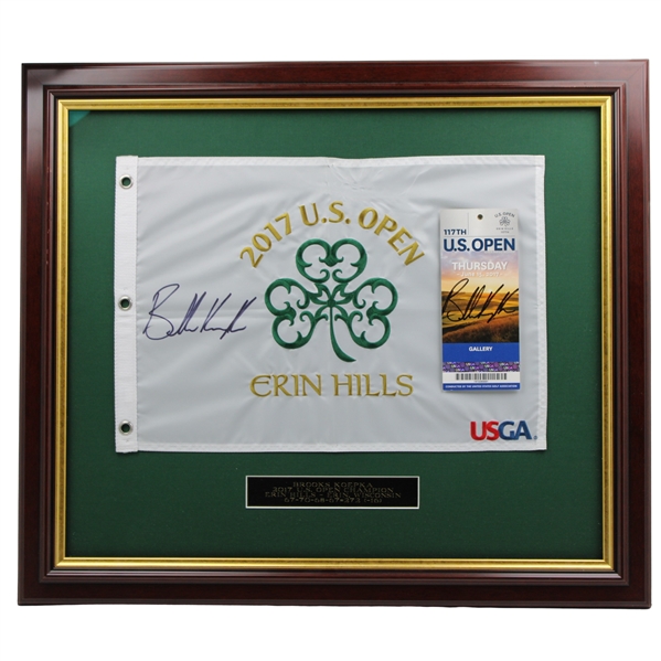 Brooks Koepka 2017 US Open at Erin Hills Embroidered Flag & Gallery Ticket - Framed JSA ALOA