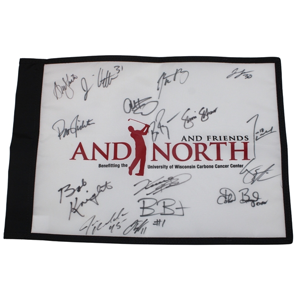 Aaron Rodgers, Bobby Knight & Fourteen (14) others Signed Andy North & Friends Flag JSA ALOA