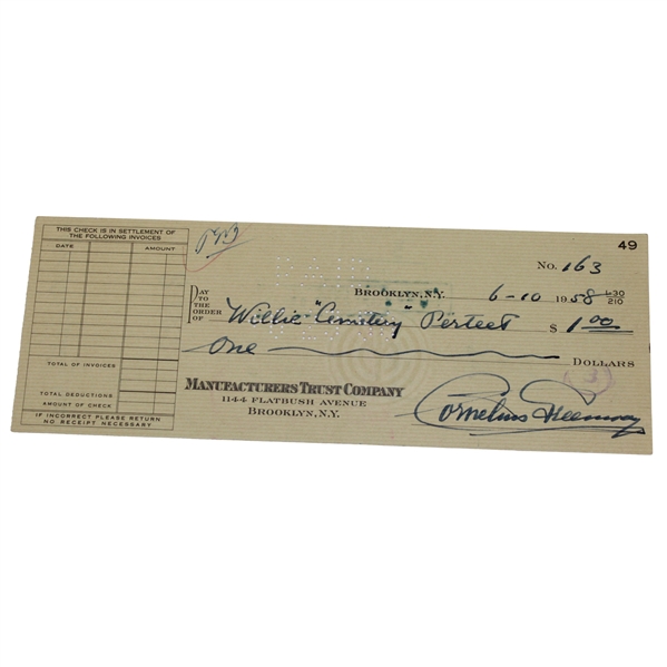 Endorsed Check To Caddy For President Eisenhower Willie "Cemetery" Perteet