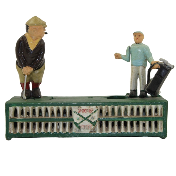 Cast Iron Birdie Putt Mechanical Golf Bank with Golfer & Caddie on Green