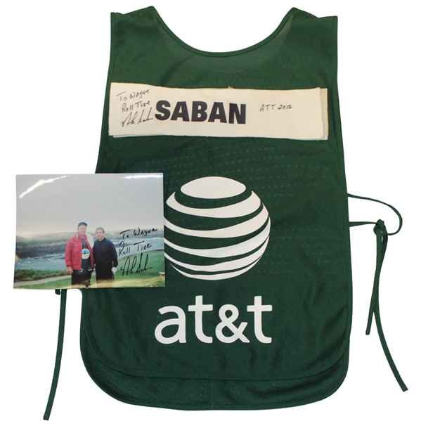 Nick Saban Signed Player/Caddie Bib/Placard & Photo from 2012 Pebble Beach JSA ALOA