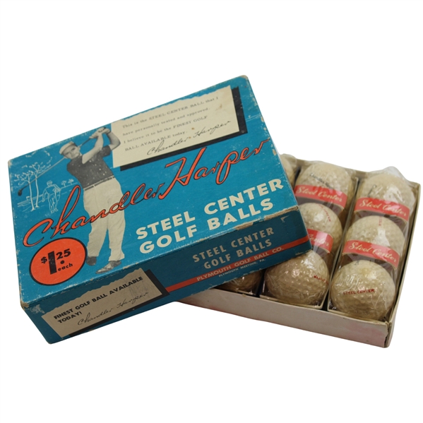 Dozen c.1966 Chandler Harper Plymouth Steel Center Golf Balls In Box
