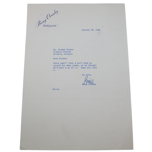 Bing Crosby Letter to Furman Bisher Discussing Golf Songs Dated January 28th, 1958 JSA ALOA