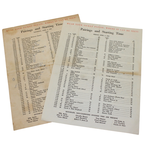1963 Masters Tournament Thursday & Friday Pairing Sheets - Jack Nicklaus Winner