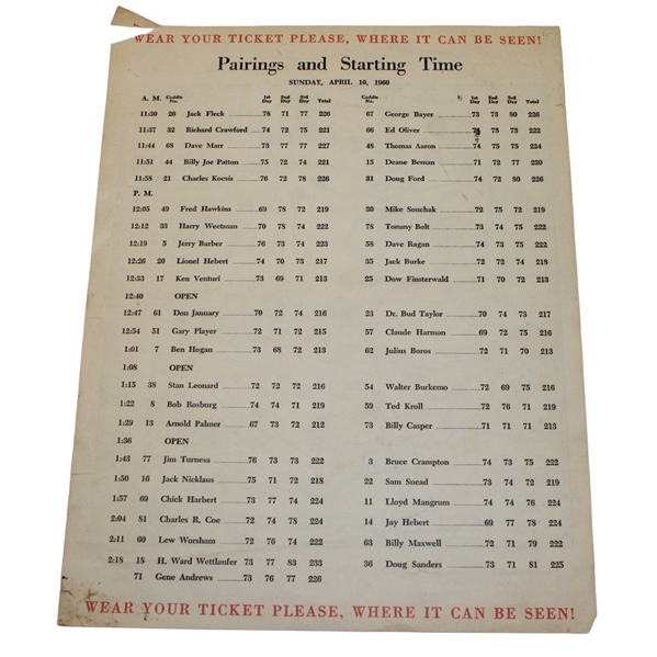 1960 Masters Tournament Sunday Final Rd Pairing Sheet - Arnold Palmer Winner