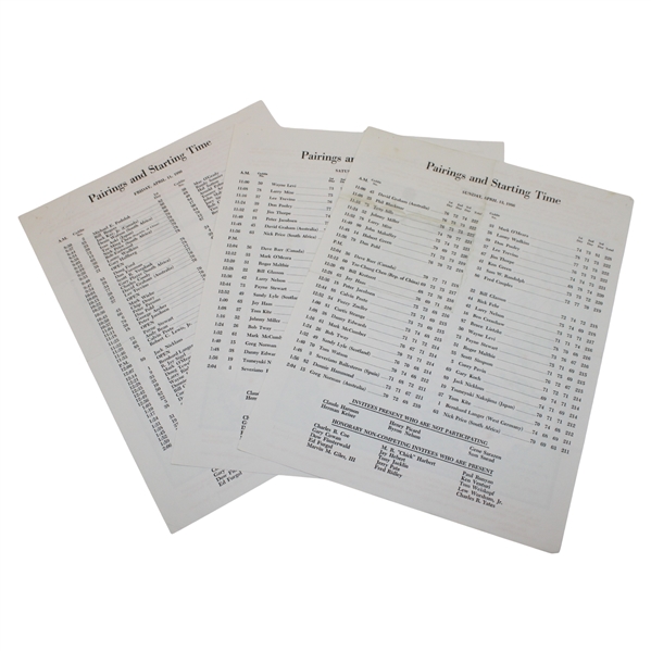 1986 Masters Tournament Friday, Saturday & Sunday Pairing Sheets - Jack Nicklaus Winner