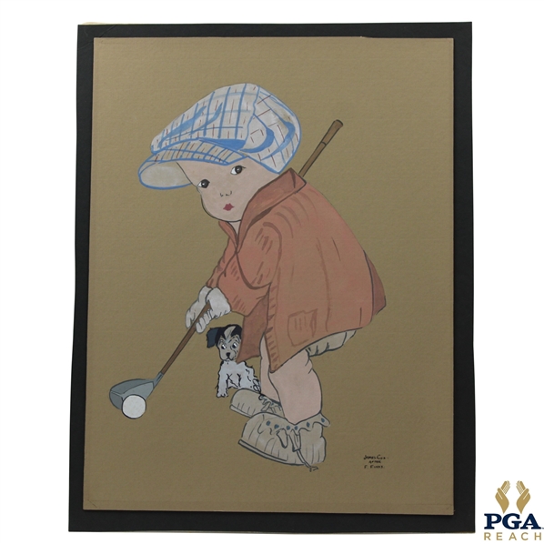 Young Golfing Toddler w/Dog Looking On Acrylic On Board Original Painting by Artist James Cox 