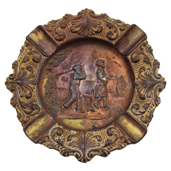 Round Bronzed Spelter Metal Ashtray with Goflers in Relief in the Center