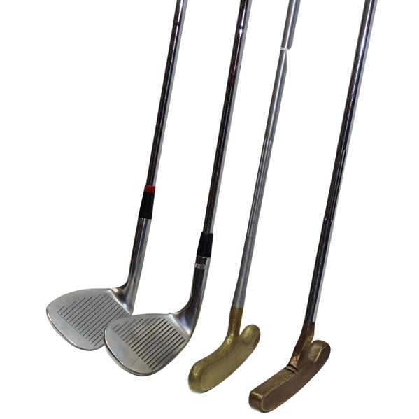 Brass Titleist Putter (Scotty Cameron) Original Grip , Vokey Titleist 52 Wedge, Macgregor Sand Wedge (Expediter), #985 Tommy Armour & Brass Bulls Eye Putter (Offset Model)