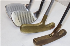 Brass Titleist Putter (Scotty Cameron) Original Grip , Vokey Titleist 52 Wedge, Macgregor Sand Wedge (Expediter), #985 Tommy Armour & Brass Bulls Eye Putter (Offset Model)