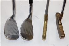 Brass Titleist Putter (Scotty Cameron) Original Grip , Vokey Titleist 52 Wedge, Macgregor Sand Wedge (Expediter), #985 Tommy Armour & Brass Bulls Eye Putter (Offset Model)