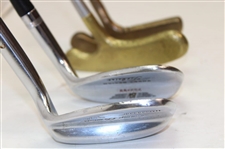 Brass Titleist Putter (Scotty Cameron) Original Grip , Vokey Titleist 52 Wedge, Macgregor Sand Wedge (Expediter), #985 Tommy Armour & Brass Bulls Eye Putter (Offset Model)