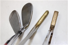 Brass Titleist Putter (Scotty Cameron) Original Grip , Vokey Titleist 52 Wedge, Macgregor Sand Wedge (Expediter), #985 Tommy Armour & Brass Bulls Eye Putter (Offset Model)