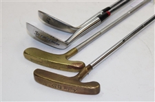 Brass Titleist Putter (Scotty Cameron) Original Grip , Vokey Titleist 52 Wedge, Macgregor Sand Wedge (Expediter), #985 Tommy Armour & Brass Bulls Eye Putter (Offset Model)