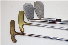 Brass Titleist Putter (Scotty Cameron) Original Grip , Vokey Titleist 52 Wedge, Macgregor Sand Wedge (Expediter), #985 Tommy Armour & Brass Bulls Eye Putter (Offset Model)