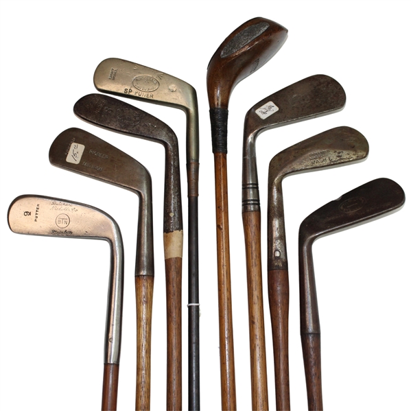 Eight (8) Wood Shaft Clubs 1 Wood L.H. Brassie, Putter Bin Bamboo Shaft, L.H Wilson Diamond Back, 1 Brass Putter Steel Shaft, Jigger Macgregor & Others