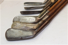 Eight (8) Wood Shaft Clubs 1 Wood L.H. Brassie, Putter Bin Bamboo Shaft, L.H Wilson Diamond Back, 1 Brass Putter Steel Shaft, Jigger Macgregor & Others