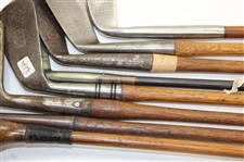 Eight (8) Wood Shaft Clubs 1 Wood L.H. Brassie, Putter Bin Bamboo Shaft, L.H Wilson Diamond Back, 1 Brass Putter Steel Shaft, Jigger Macgregor & Others