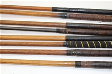 Eight (8) Wood Shaft Clubs 1 Wood L.H. Brassie, Putter Bin Bamboo Shaft, L.H Wilson Diamond Back, 1 Brass Putter Steel Shaft, Jigger Macgregor & Others