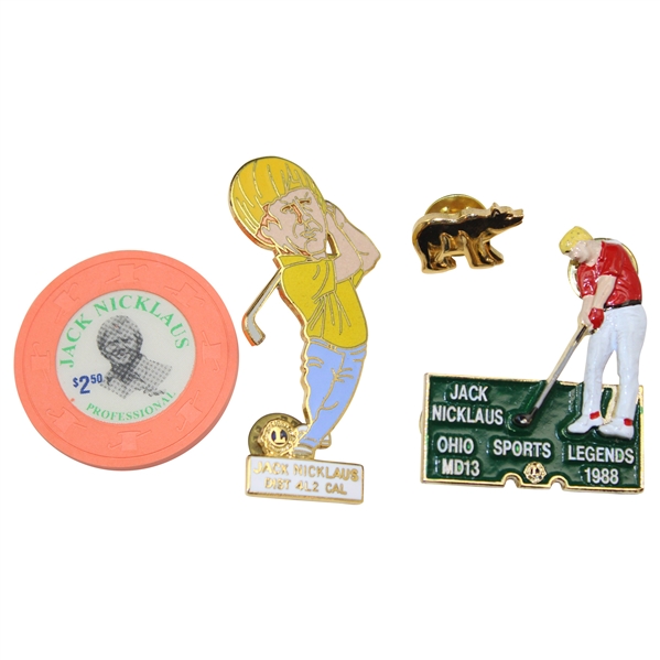 Jack Nicklaus Lot (2) Jack Pins (1) Golden Bear Pin & (1) Jack Poker Chip