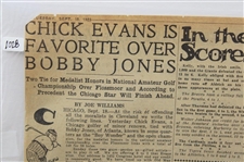 1923 Cleveland News Bobby Jones 'Chick Evans Is Favorite Over Bobby Jones' Newspaper Article/Photo