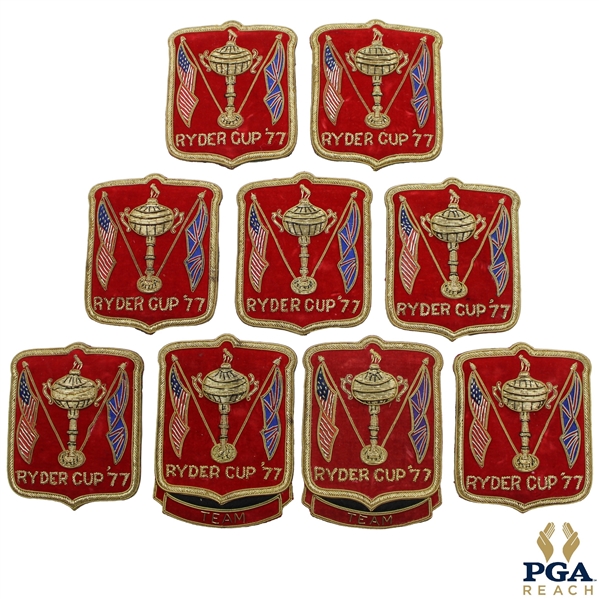 Nine (9) 1977 Ryder Cup at Royal Lytham & St. Annes Red Coat Crests inc. Two (2) Team Crests