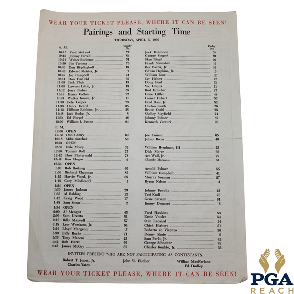 1956 Masters Tournament Thursday Pairing Sheet