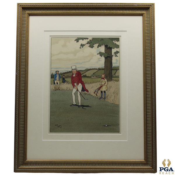 Red Coat Putting Golfer with Caddy Print by Harry Elliot - Framed