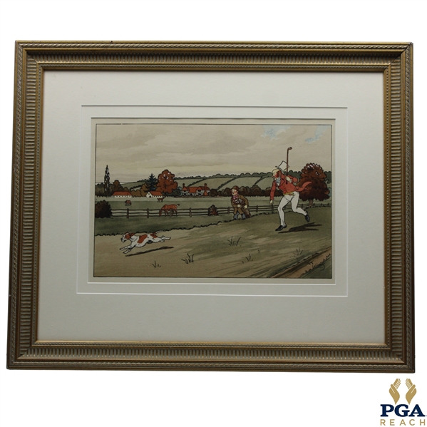 Red Coat Golfer Running After Ball Thief Dog w/Caddy Golf Print by Harry Elliot - Framed