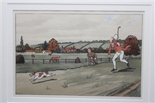 Red Coat Golfer Running After Ball Thief Dog w/Caddy Golf Print by Harry Elliot - Framed