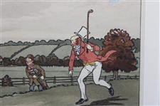Red Coat Golfer Running After Ball Thief Dog w/Caddy Golf Print by Harry Elliot - Framed
