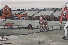 Red Coat Golfer Running After Ball Thief Dog w/Caddy Golf Print by Harry Elliot - Framed