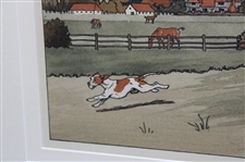 Red Coat Golfer Running After Ball Thief Dog w/Caddy Golf Print by Harry Elliot - Framed