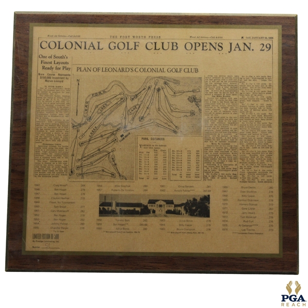 Ltd Ed Fort Worth Press Colonial Golf Club Opens Reproduction on Wood Plaque 91/500