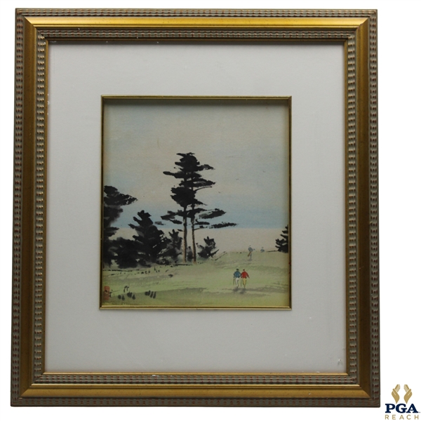 Golfers Walking Down Fairway Watercolor - Framed