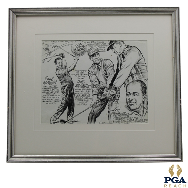 PGA Evening News Paul Hahn, Bill Strausbaugh & Leo Fraser Pen & Ink - Framed