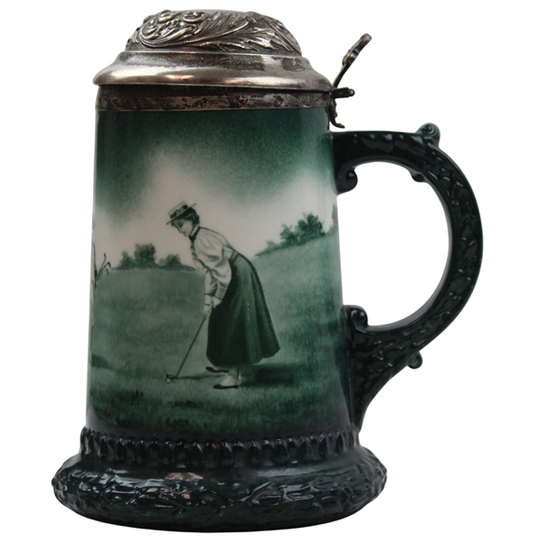 Lenox Green Painted Sterling Rimmed Golf Scene Stein with Sterling Top