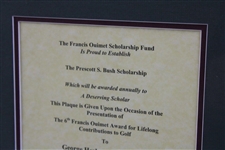 George H.W. Bush' s 2002 Francis Ouimet Scholarship Fund Award Plaque - Framed