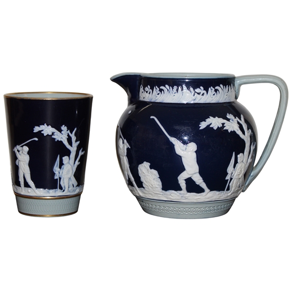 Circa 1900 cobalt blue Copeland stoneware pitcher/creamer with matching beaker
