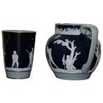 Circa 1900 cobalt blue Copeland stoneware pitcher/creamer with matching beaker