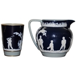 Circa 1900 cobalt blue Copeland stoneware pitcher/creamer with matching beaker