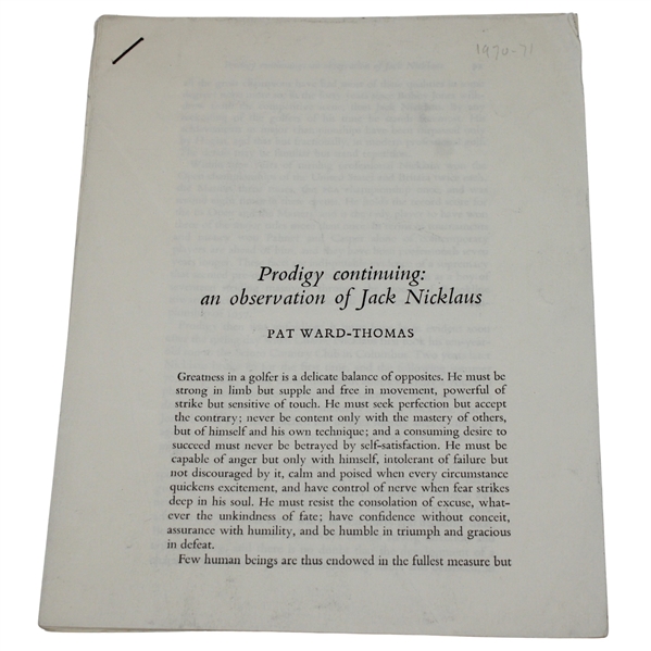 1970-71 Prodigy Continuing: an Observation of Jack Nicklaus by Pat Ward-Thomas 7 pages