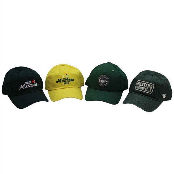 Four (4) 2016 Masters Caddy Hats - Green Circle Logo, Rectangle Patch, Top Dated & Under Dated