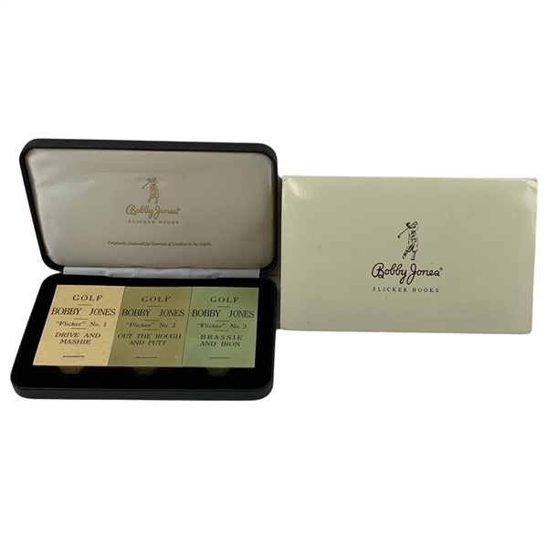Bobby Jones Flicker Books - 3 repro Flicker books issued in 2005 in leather case and protective cover.  Issued by Golf Links of the Past.