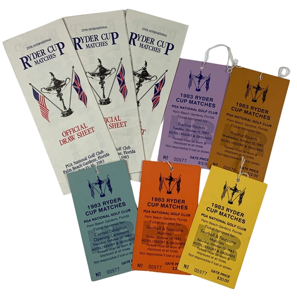 Five (5) 1983 Ryder Cup at PGA National Tickets & (3) Draw Sheets