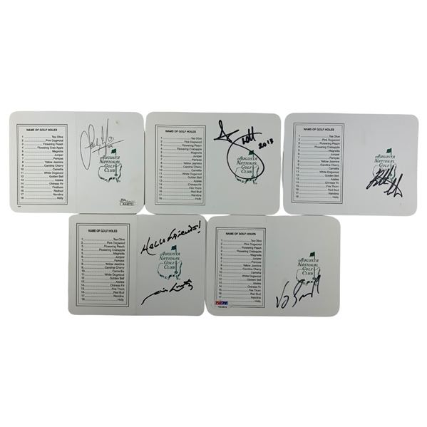 Hall of Fame Broadcaster Jim Nantz and four Masters Champs- Bubba Watson, Sandy Lyle, Adam Scott, and Vijay Singh individually signed Augusta National Golf Club Scorecards JSA ALOA