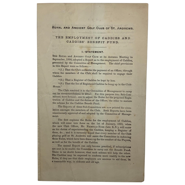 Royal & Ancient Golf Club of St. Andrews Employment of Caddies and Caddies Benefit Fund Sheet