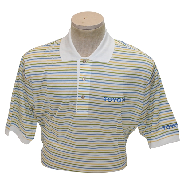 Chi Chi Rodriguezs Personal Jeff Rose Blue, Green & Yellow Striped Polo w/Sponsor - M