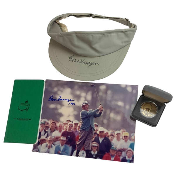 Gene Sarazen Signed Visor, Photo, Commemorative Coin & Masters Yardage Guide JSA ALOA