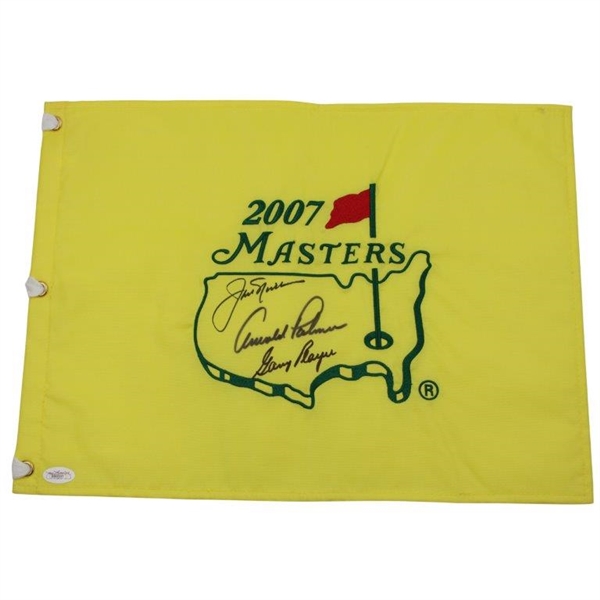 Jack Nicklaus, Arnold Palmer, and Gary Player Signed 2007 Masters Tournament Pin Flag, JSA ALOA